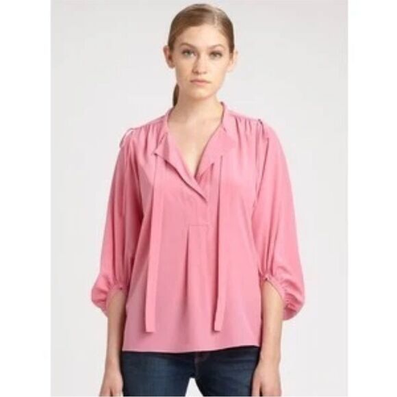 Diane Von Furstenberg Tops - DVF Diane Von Furstenberg BAIRLY LOUCHE Neck Tie Top Blouse Peony Pink Sz 6
